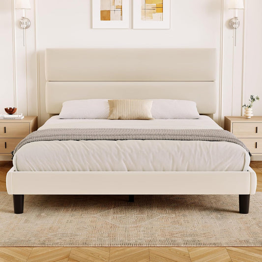 Queen Size Platform Bed Frame with Velvet Headboard, Adjustable Height Wooden Slats Support, Upholstered Mattress Foundation, Fits Mattress or Mattress with Box Spring, Easy Assembly, Beige