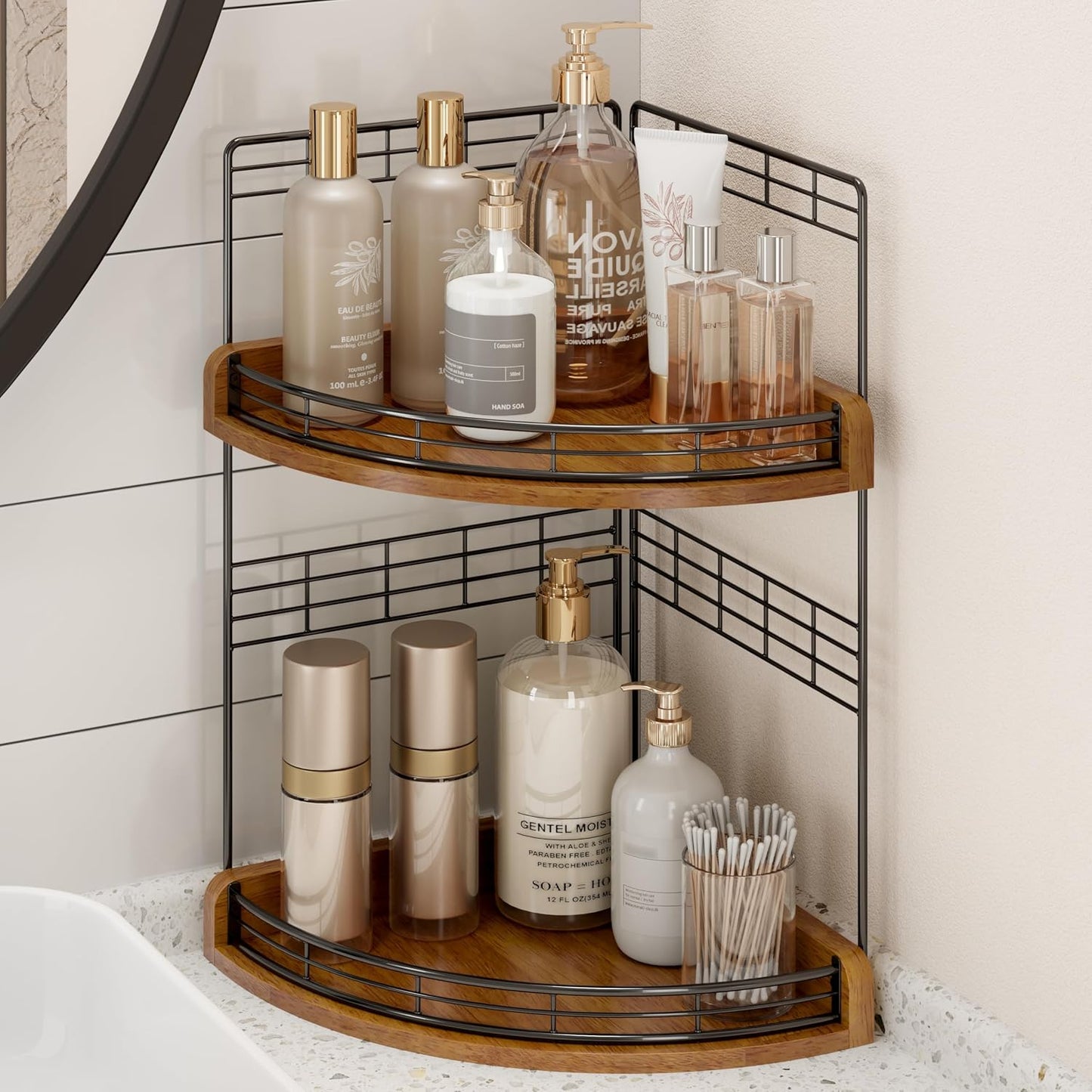 Bathroom Countertop Corner Organizer for Small Spaces, 2-Tier Counter Shelf | Oak Wood & Iron, Fan-Shaped Counter Shelf for Sink & Vanity Corners, Skincare, Toiletries, Compact Vertical Storage, Walnut