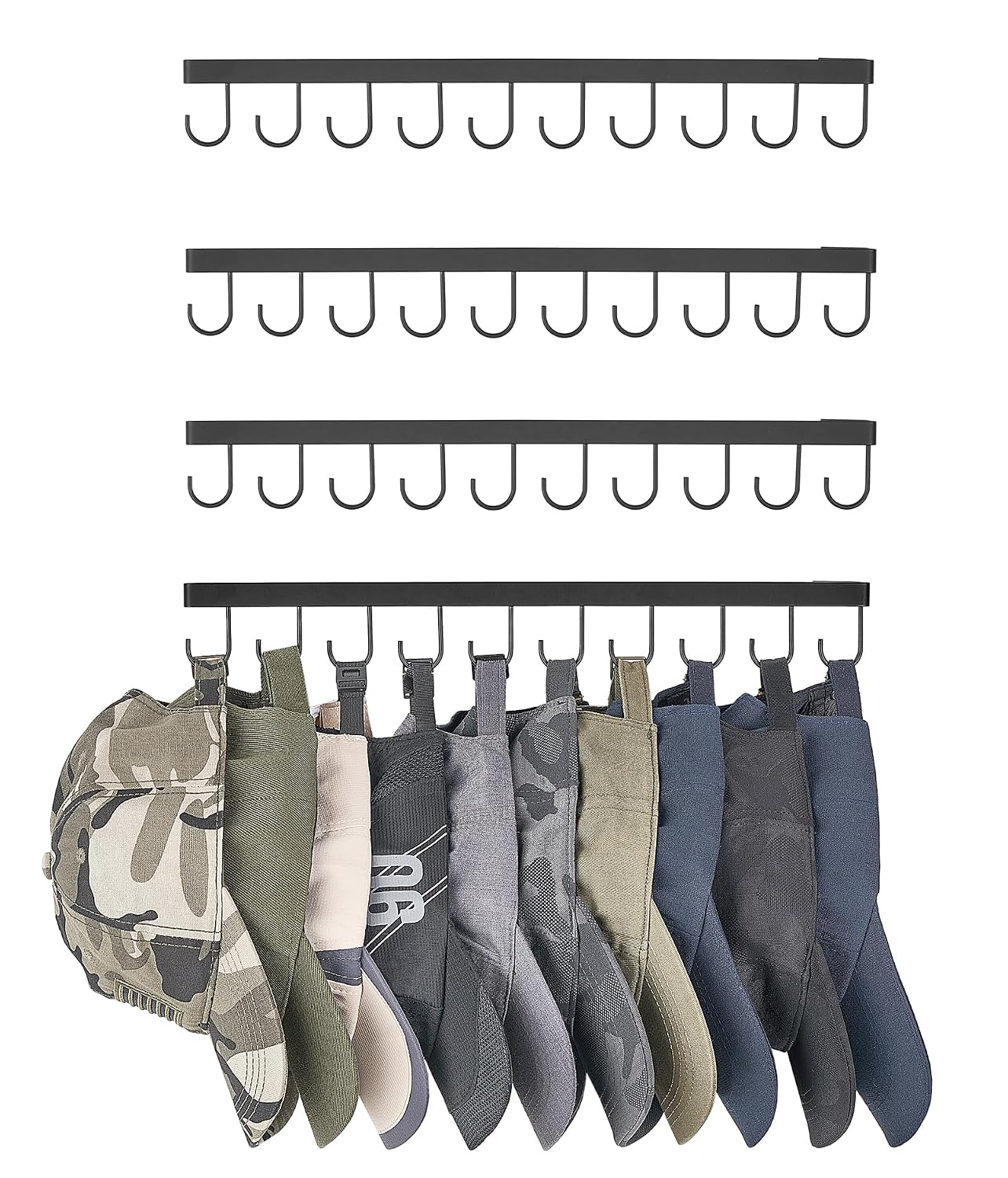 Mkono Hat Organizer, Metal Hat Rack for Wall Storage Holds 40 Caps Set of 4 | Space-Saving, Rust-Proof Coating, Sturdy & Durable, Holder Baseball Caps Scarves Bags Keys Belts, Bedroom Entryroom Closet