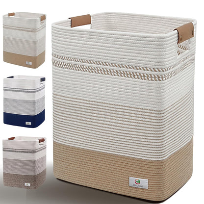 Large Laundry Hamper Basket, 85L Cotton Rope Woven Storage Bin for Blankets, Dirty Clothes Toys, Decorative Tall Basket with Leather Handles for Living Room, Bedroom, Bathroom, Nursery, Jute