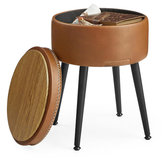 VASAGLE EKHO Collection - Storage Ottoman, Vanity Chair Stool, Synthetic Leather with Stitching, Mid-Century Modern, Round Storage Seat with Steel Legs, Loads 330 lb, Caramel Brown ULOM005KN08
