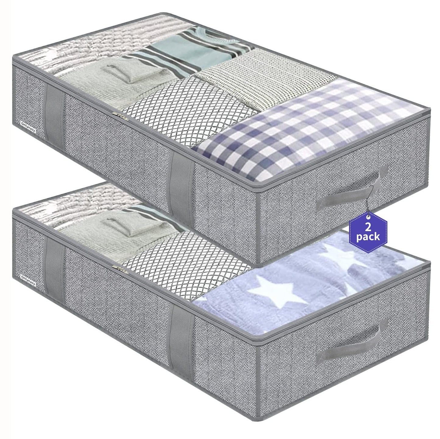 Onlyeasy Large Underbed Storage Bags Organizer Container (2 Pack) with 4 Handles and 2 Sturdy Zippers, Blankets Clothes Comforters Foldable Storage Bags with Clear Window, Herringbone Grey, MXRUBBP2