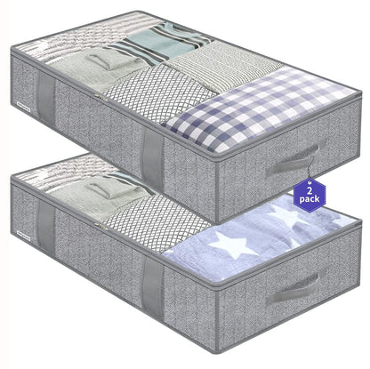 Onlyeasy Large Underbed Storage Bags Organizer Container (2 Pack) with 4 Handles and 2 Sturdy Zippers, Blankets Clothes Comforters Foldable Storage Bags with Clear Window, Herringbone Grey, MXRUBBP2