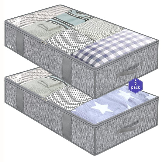 Onlyeasy Large Underbed Storage Bags Organizer Container (2 Pack) with 4 Handles and 2 Sturdy Zippers, Blankets Clothes Comforters Foldable Storage Bags with Clear Window, Herringbone Grey, MXRUBBP2