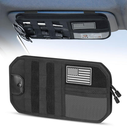 LEPHYON Molle Visor Organizer for Car, 1000D Polyester Tactical Panel Sun Glasses Holder with Zipper Pockets, Adjustable Straps for SUV Truck Pickup Patrol Car Storage (Black)