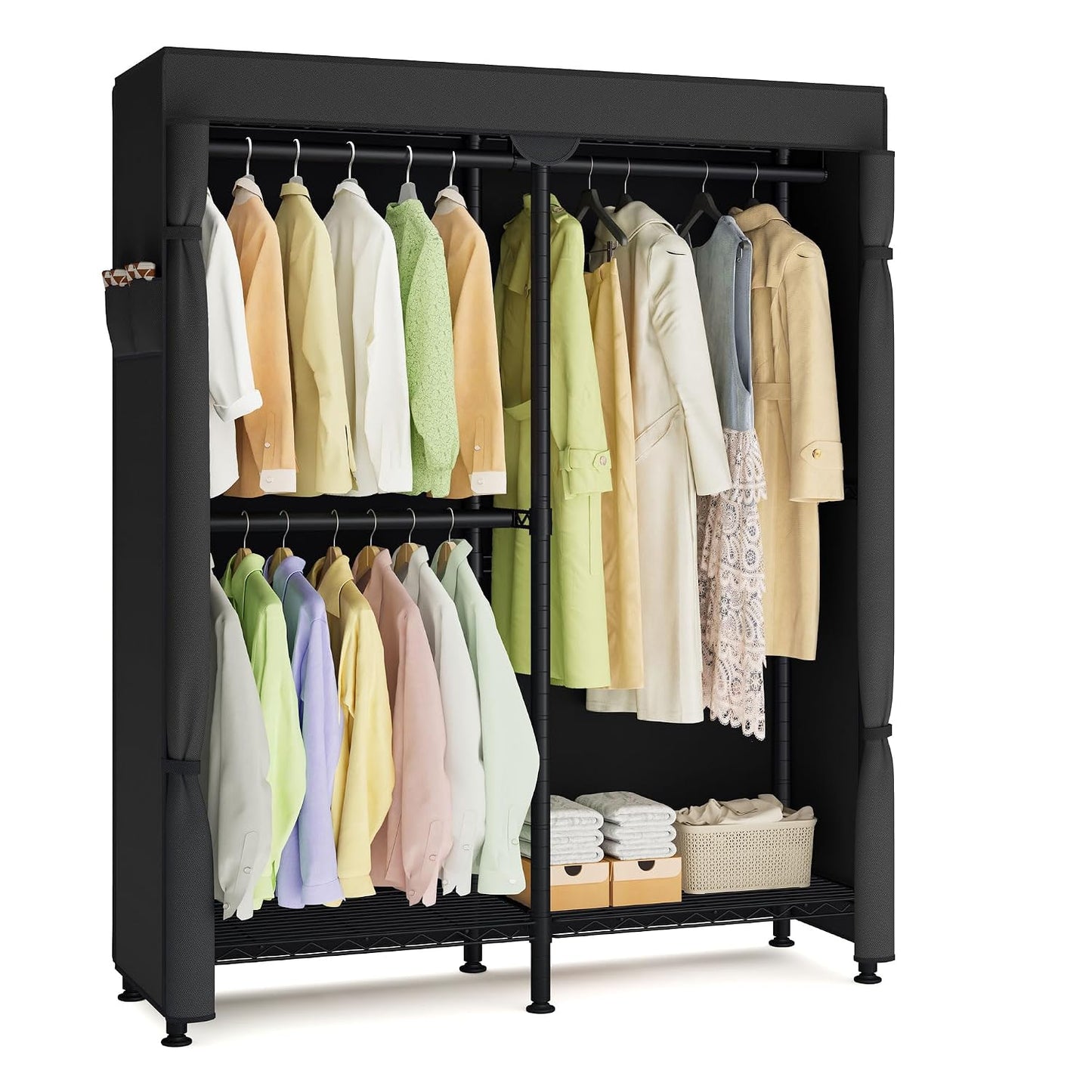 SONGMICS Clothing Rack, Heavy-Duty Garment Rack with Adjustable Storage Shelves and Hanging Rails, Fabric Cover, Freestanding Portable Wardrobe Closet, Ink Black ULGR424BH01