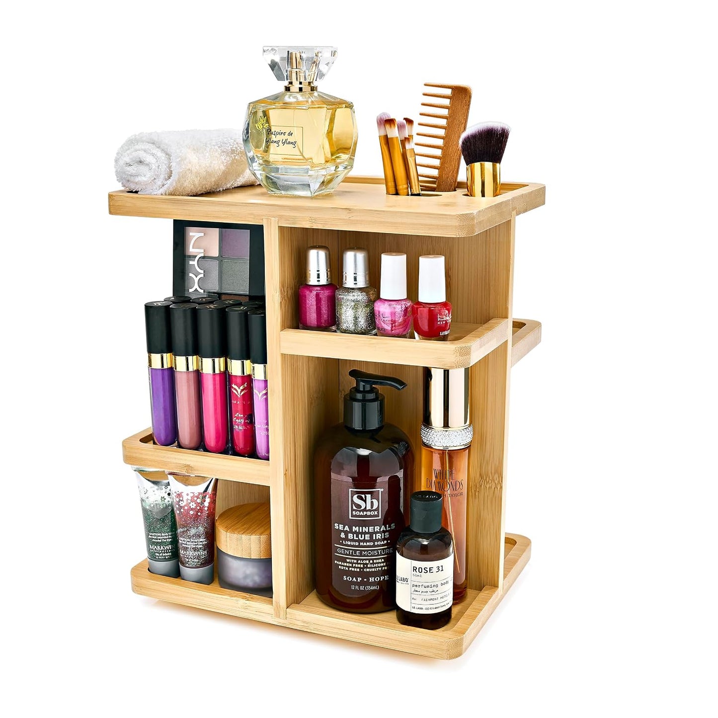 360° Makeup Organizer - Bamboo Wood Make Up Storag... (Tan | Bamboo)