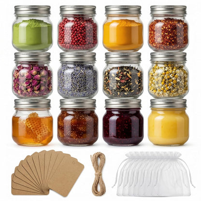 8 oz Mason Jars with Airtight Silver Lids - 12 Pack Small Glass Jars Set with Labels & Twine - Wide Mouth Canning Jars for Yogurt, Pantry Spice Organization, Homemade Jam & Honey