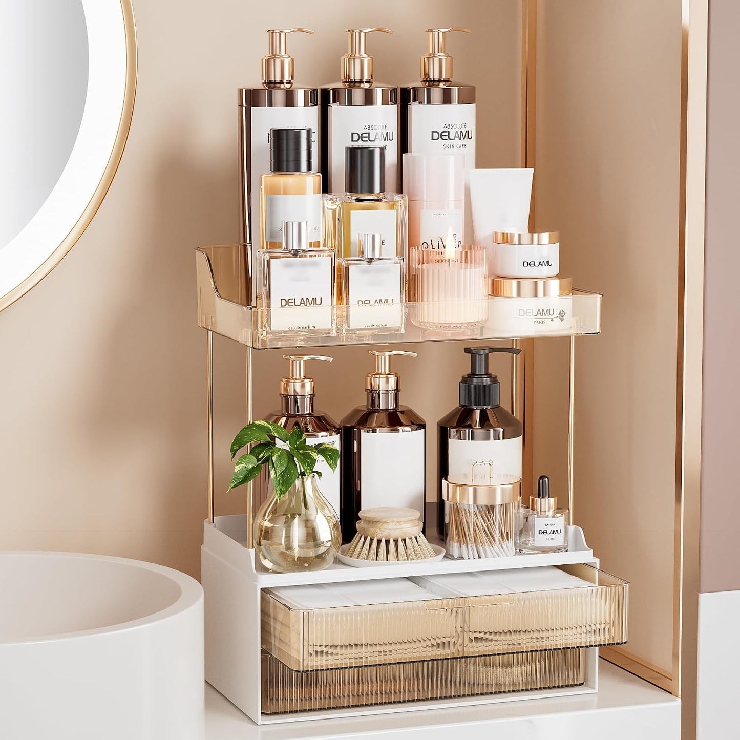 Delamu 4-Tier Makeup Organizer, Bathroom Counter Storage, 2 Drawers, Amber | Elegant Vanity Organizer Gift for Women, Holds Perfume, Skincare, Nail Polish & Hair Accessories for Bathroom Countertop