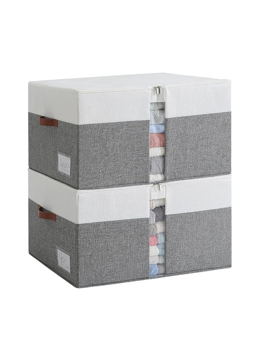 Reinforced LARGE Blanket Storage Baskets with Lids, 2 Packs Stackable Comforter Storage Bag with Clear Window & Handles, Clothes Organizer for Closet,King/Queen Comforters Quilt Duvet