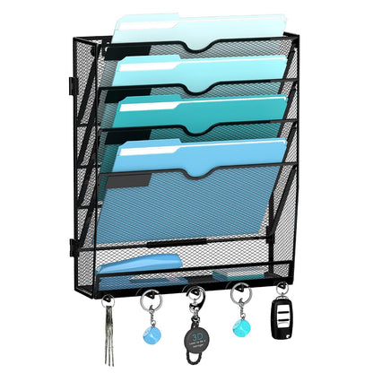 5-Tier Wall File Organizer and Mail Organizer with 5 Hooks, Black | Label slots, curved openings, 5 key hooks, and a bottom tray support organized mail, file, and everyday item storage.