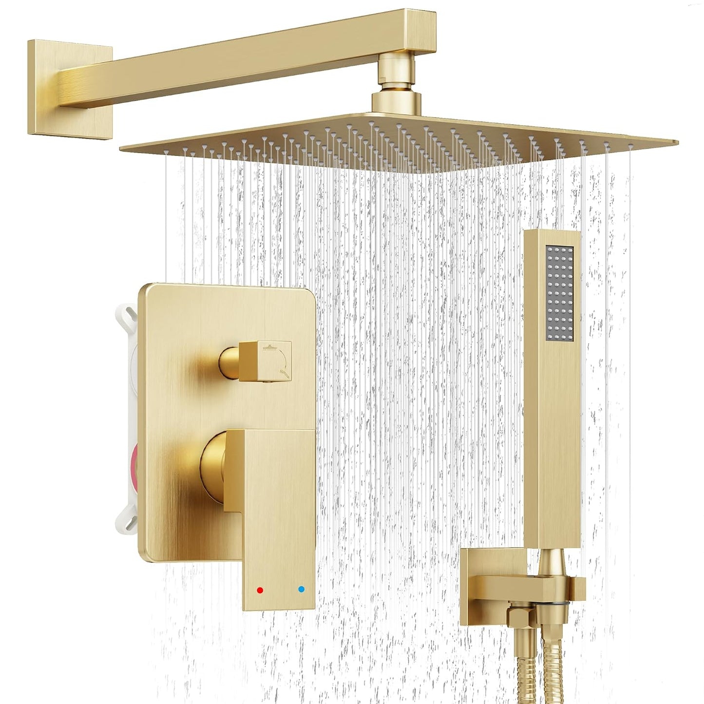 10" Rain Gold Shower System with Handheld & Valve, Brushed Gold | Wall-Mounted High-Pressure Shower Faucet Combo Set, 10-Inch Rain Shower Head with Handheld Spray,Includes Valve and Trim Kit