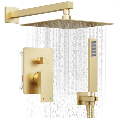 10" Rain Gold Shower System with Handheld & Valve, Brushed Gold | Wall-Mounted High-Pressure Shower Faucet Combo Set, 10-Inch Rain Shower Head with Handheld Spray,Includes Valve and Trim Kit