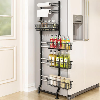 BUKFEN 6-Tier Slim Corner Shelf, Spice Rack Narrow Storage Next to Fridge | Bidirectional Pull-Out Baskets, Bent Base Stability, 6 Hooks, Space-Saving Slim Design for Kitchen, Bathroom, Laundry Room