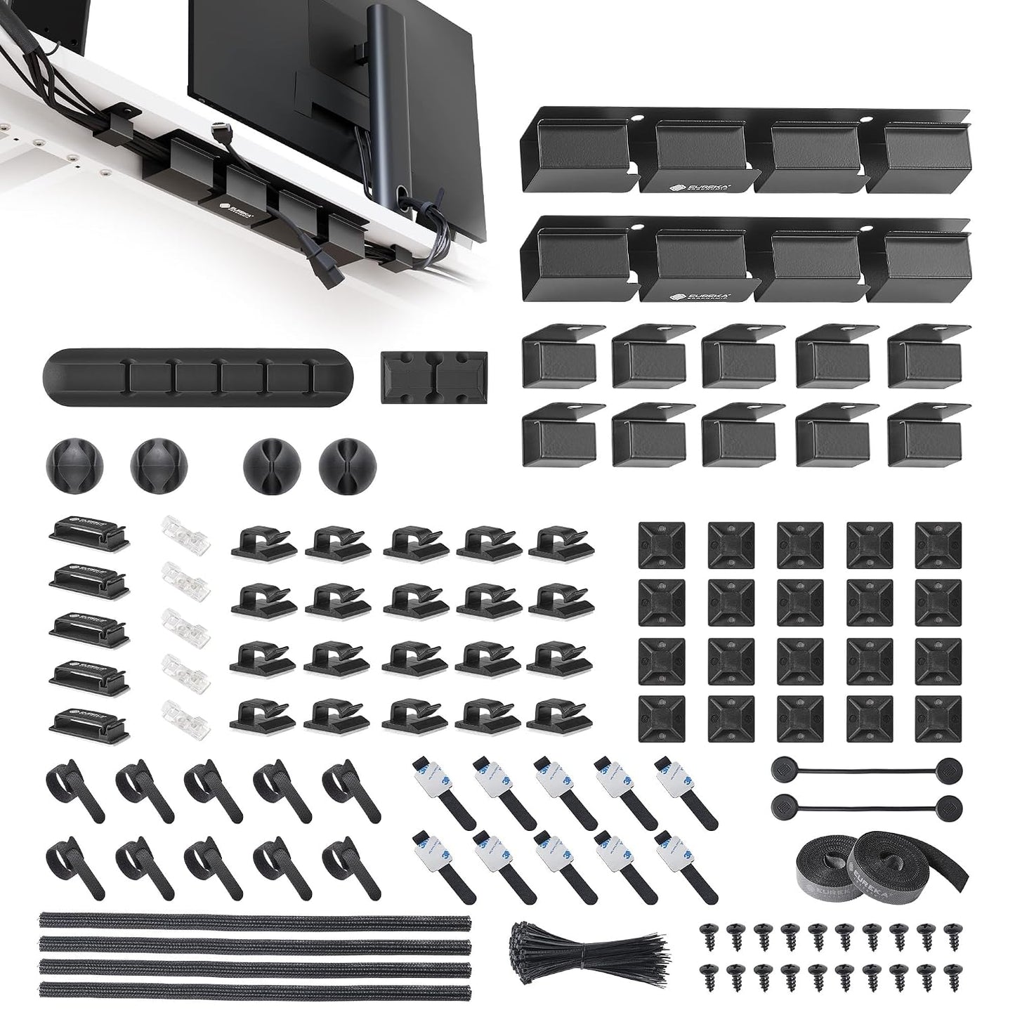 EUREKA ERGONOMIC 316PCS Under Desk Metal Cable Kit, Black | Cable management kit with metal cable tray, 6 cable holders, 4 sleeves, 60 clips, 2 tie rolls, 100 zip ties for organized