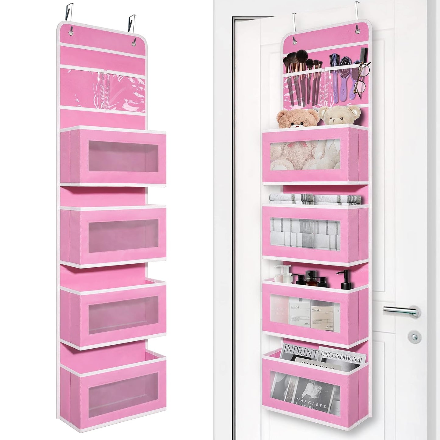 Giraffe Creation Pink Over Door Organizer with 4 Large Clear Pockets, Hanging Door Storage for Nursery, Bedroom, Bathroom, Closet, Toys, Diapers, Cosmetics, Baby Essentials