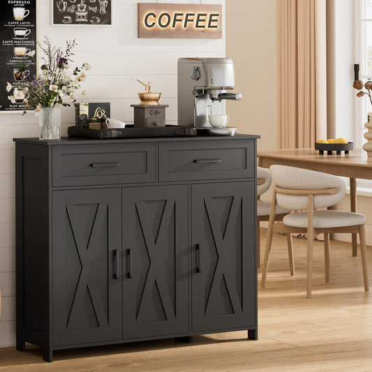 Coffee Bar Storage Cabinet with Drawers, Kitchen B... (Black | Engineered Wood)