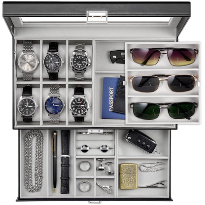 ProCase Mens Jewelry Box, 6 Slot Watch Box & 3 Slot Sunglass Holder -Black | 2-layer Lockable Sunglasses Jewelry Organizer Storage for Men, Watch Display Case with Drawer, Clear Lid, Father Gift