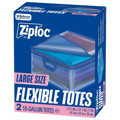 Ziploc Flexible Totes, Large Size, 10 Gallon, 2 Count Organizing Tote with Zipper and Built‑In Handles, Flexible & Stackable Clothing and Home Storage Bag
