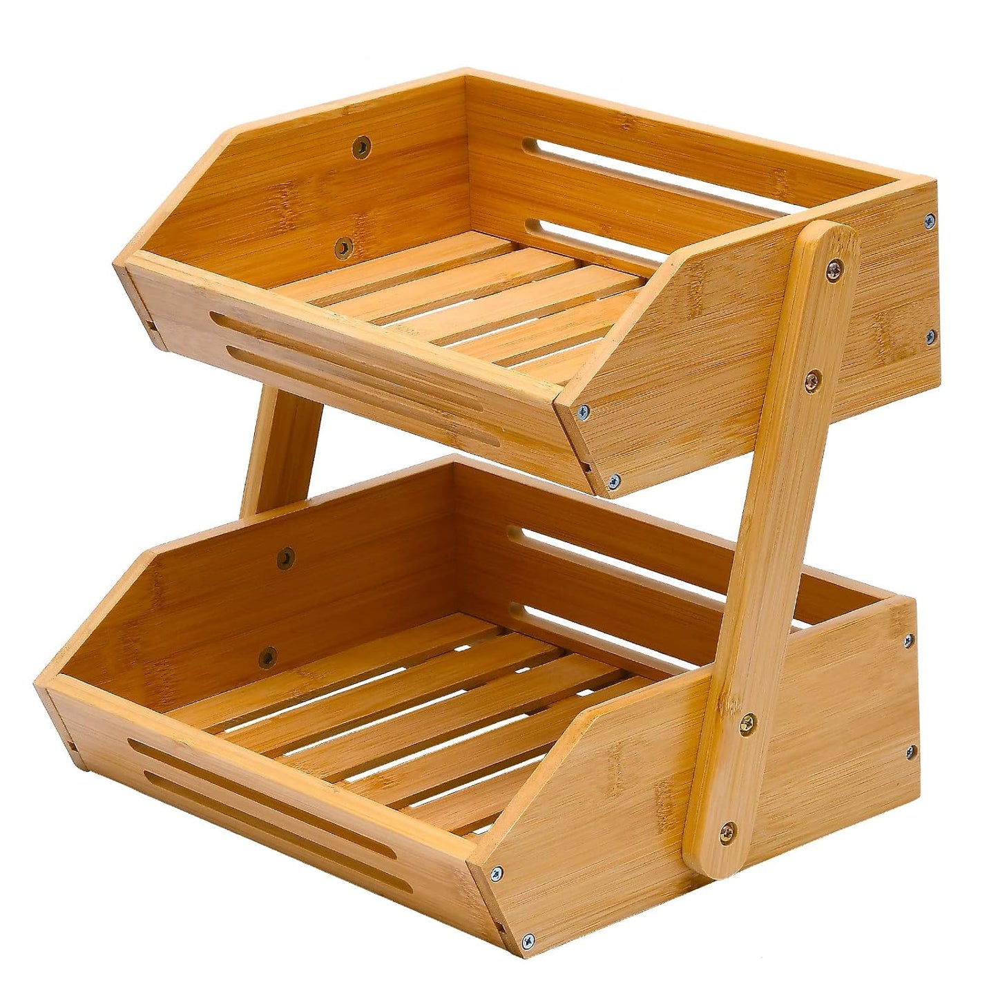Fruit Basket, 2 Tier Bamboo Fruit Basket for Kitchen, 11" Tall Fruit Stand Storage Holder, Heavy Duty/Large Capacity for Vegetables, Fruit, and Snack, 15 mm Thickness (Self-assembly)