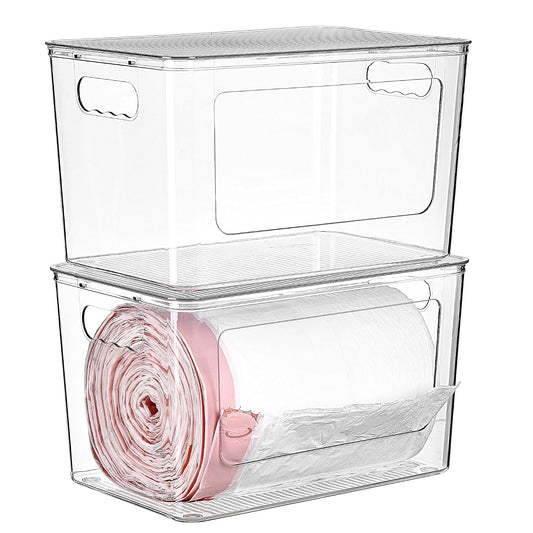 Vtopmart 2 Pack Clear Trash Bag Holder, Stackable Garbage Bag Dispenser | Trash Bag Organizer for 13/30/33 Gallon Bags, Clear Organizer Bins for Under Kitchen Sink, Laundry Room Organization