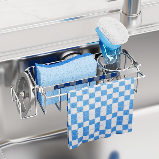 TAILI 4-in-1 Sink Caddy for Kitchen Sink with Strong Suction Cup-Silver | Removable Sponge Holder for Kitchen Sink Organizer, Rustproof 304 Stainless Steel Holder for Sponge, Brush, Scrubber, Scraper