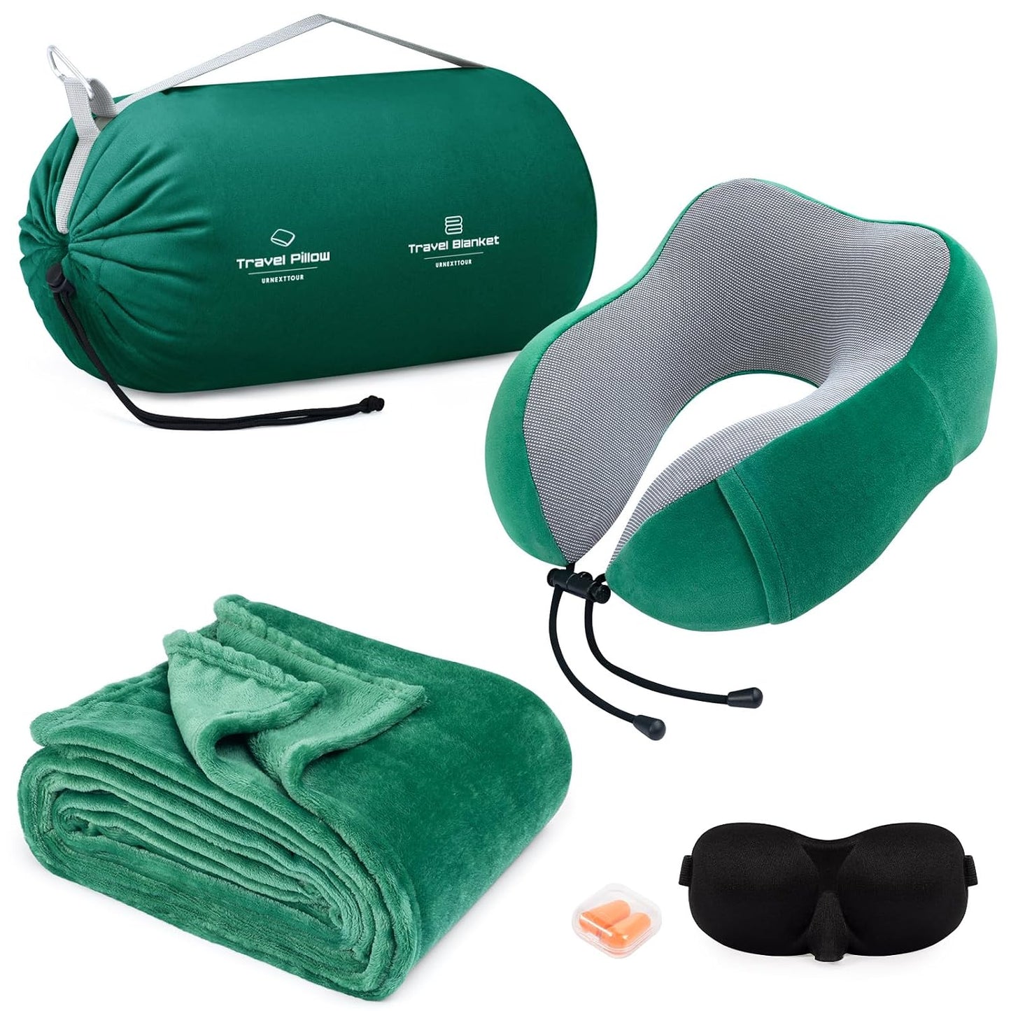 Travel Pillow and Blanket Set Neck Pillows Travel Essentials with Sleep Mask for Airplane Car Memory Foam Green