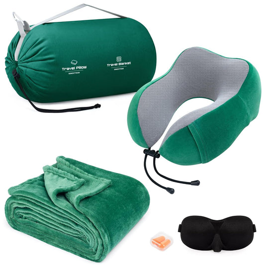 Travel Pillow and Blanket Set Neck Pillows Travel Essentials with Sleep Mask for Airplane Car Memory Foam Green