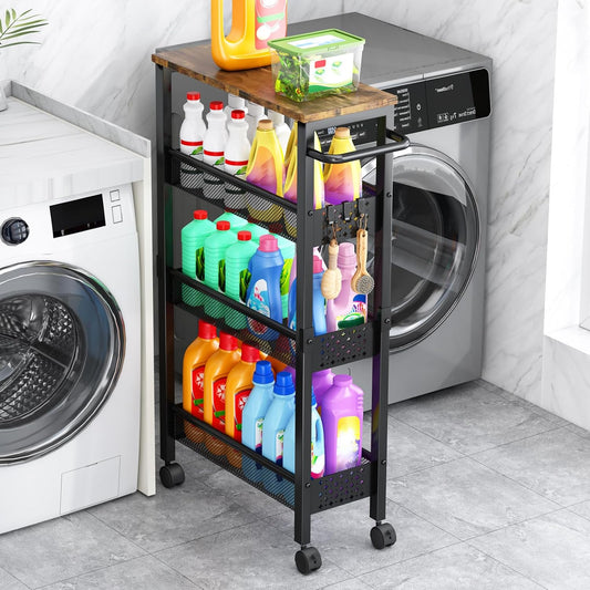 4-Tier Slim Utility Rolling Laundry Cart with Whee... (Black | Metal)