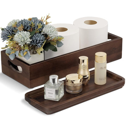 DEMIGO Toilet Tank Topper & Vanity Tray, Acacia Wood Decor Set, Dark Brown | 2-Pack Storage Tray, Handmade Wooden Tank Basket Cover for Bathroom, Kitchen, Home & Spa, Smooth Durable Artisan
