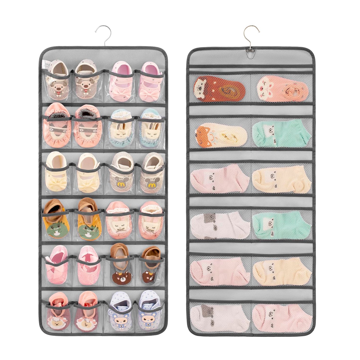 Dual-sided Hanging Baby Shoes Organizer Closet Toddler Shoe Storage Holder for Kids Bow Socks Underwear (GREY)