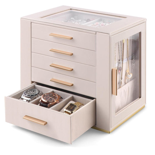 Jewelry Boxes with Glass Lid, 5-Layer Large PU Lea... (Beige | Faux Leather)