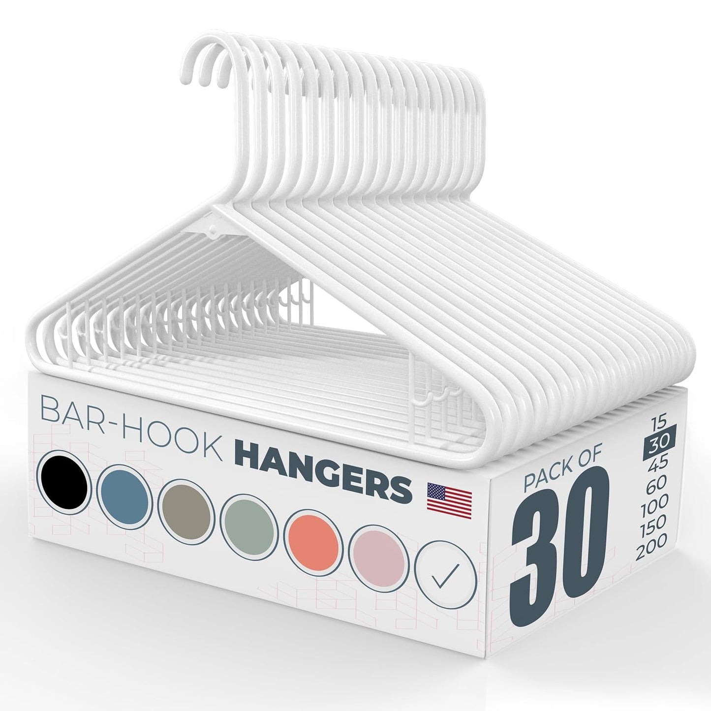 Plastic Hangers 30 Pack – Made in the USA – 6lb Capacity Standard Clothes Hangers with Strap Hooks for Dresses, Lingerie, Shirts, Pants, and Jackets – White