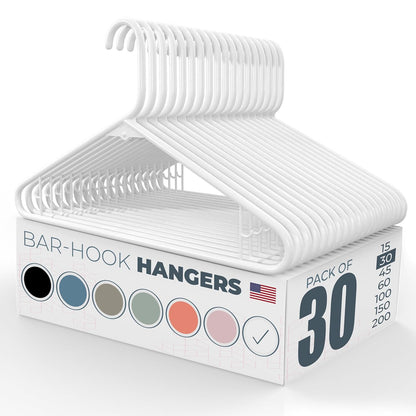 Plastic Hangers 30 Pack – Made in the USA – 6lb Capacity Standard Clothes Hangers with Strap Hooks for Dresses, Lingerie, Shirts, Pants, and Jackets – White