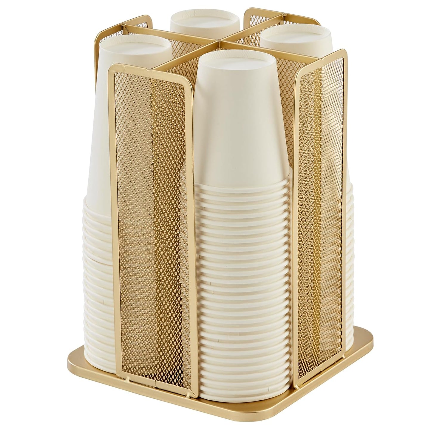 Annova Paper/Plastic Cup and Lid Holder Plastic Storage Organizer, 360°Rotating Coffee Mup Dispenser with 4 Compartments, Multifunctional Storage Rack for Home, Office, Bar, Coffee Shop (Gold)