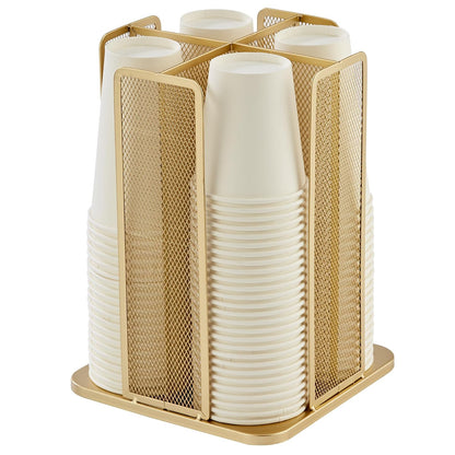 Annova Paper/Plastic Cup and Lid Holder Plastic Storage Organizer, 360°Rotating Coffee Mup Dispenser with 4 Compartments, Multifunctional Storage Rack for Home, Office, Bar, Coffee Shop (Gold)