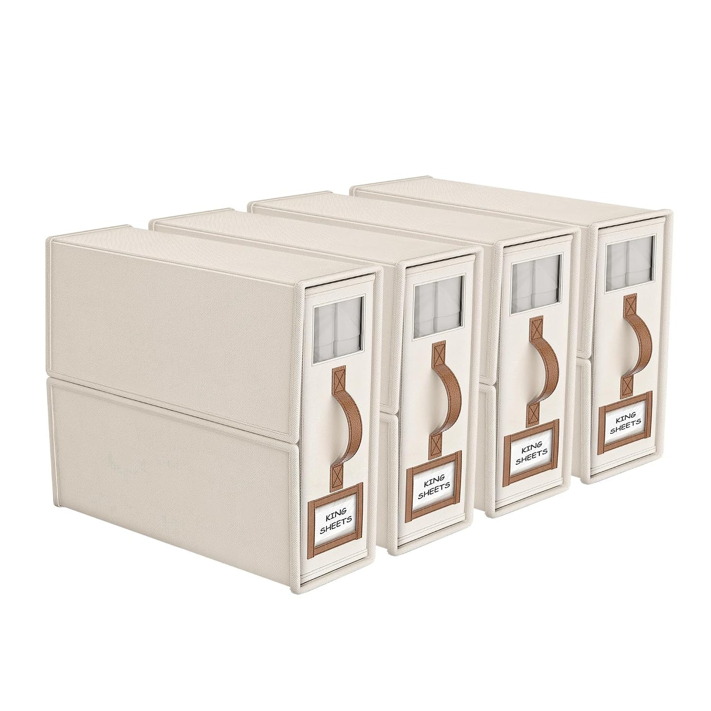 4 Pack Foldable Bed Sheets Set Organizers and Storage(King & Queen Size),Linen Fabric Closet Organizers with Window,Folding Bedding Storage Box for Bedsheets and Pillow Cube Organizer-Beige