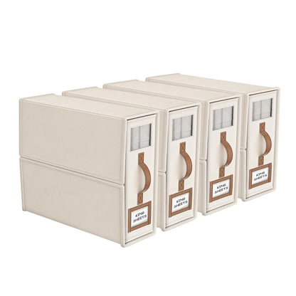 4 Pack Foldable Bed Sheets Set Organizers and Storage(King & Queen Size),Linen Fabric Closet Organizers with Window,Folding Bedding Storage Box for Bedsheets and Pillow Cube Organizer-Beige