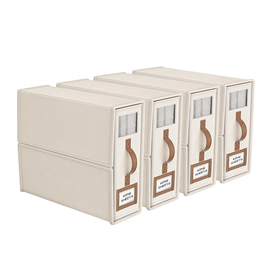 4 Pack Foldable Bed Sheets Set Organizers and Storage(King & Queen Size),Linen Fabric Closet Organizers with Window,Folding Bedding Storage Box for Bedsheets and Pillow Cube Organizer-Beige
