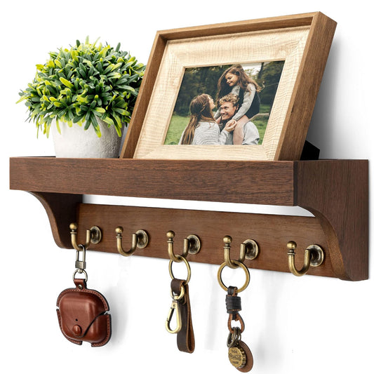 Rebee Vision Key Holder Wall Mount with 5 Hooks for Entryway, Retro Brown | Display Shelf for Plant & Letters, Key Shelf for Hats, Dog Leashes, Mail Organizer, Decorative Entryway & Living Room