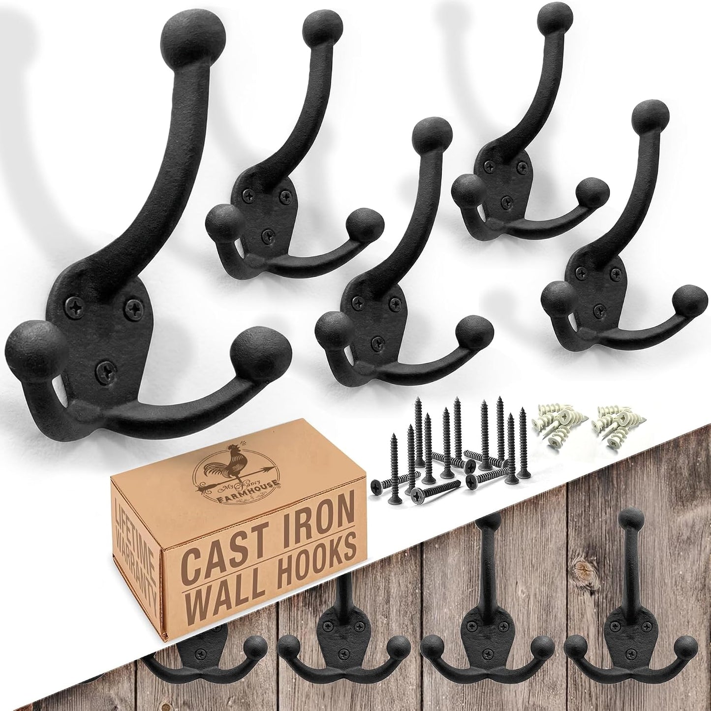 Cast Iron Tri Leg Coat Hooks (5 Pack) Wall Mounted Farmhouse, Decorative, Rust Proof for Exterior or Interior Wall Hooks, Vintage Hooks for Hanging Coats, Bags, Hats, Towels etc (Black)