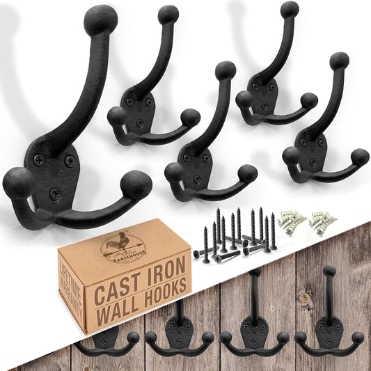Cast Iron Tri Leg Coat Hooks (5 Pack) Wall Mounted Farmhouse, Decorative, Rust Proof for Exterior or Interior Wall Hooks, Vintage Hooks for Hanging Coats, Bags, Hats, Towels etc (Black)