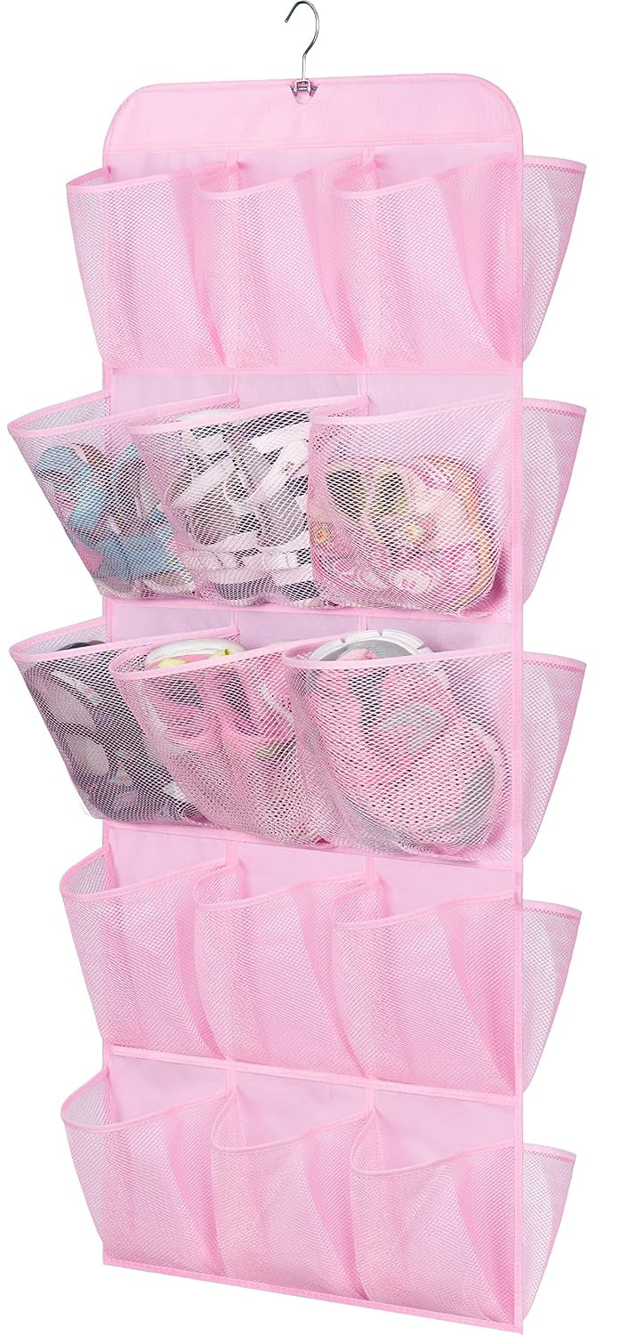 MISSLO 30 Large Pockets Dual Sided Hanging Shoe Organizer for Closet with Rotating Hanger Hanging Shoe Shelves, Pink