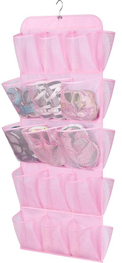 MISSLO 30 Large Pockets Dual Sided Hanging Shoe Organizer for Closet with Rotating Hanger Hanging Shoe Shelves, Pink