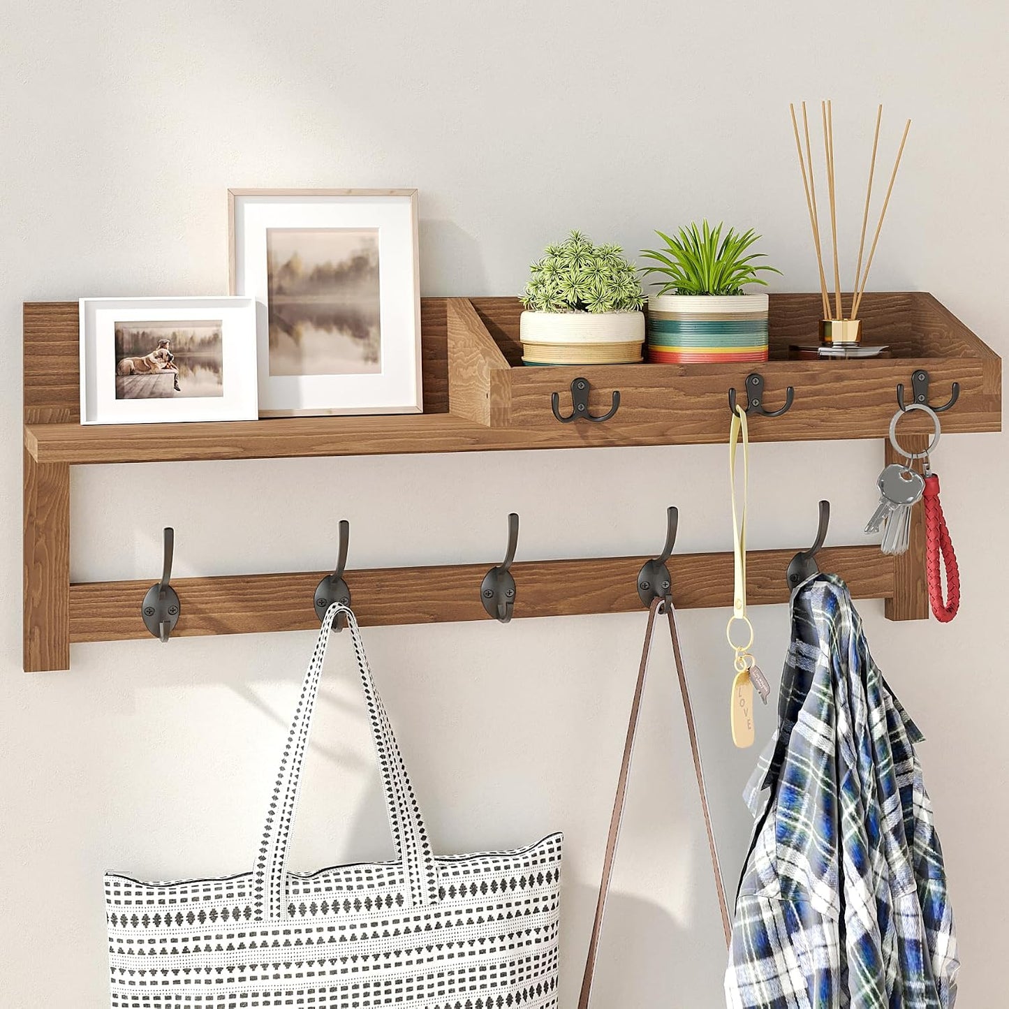 Wall Hooks with Shelf, 26.57 Inch Entryway Wood Coat Hooks for Wall with Shelf, Coat Rack Wall Mount with 5 Dual Hooks 3 Key Hooks Mail Organizer and Key Rack Holder (Brown)
