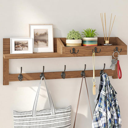 Wall Hooks with Shelf, 26.57 Inch Entryway Wood Coat Hooks for Wall with Shelf, Coat Rack Wall Mount with 5 Dual Hooks 3 Key Hooks Mail Organizer and Key Rack Holder (Brown)