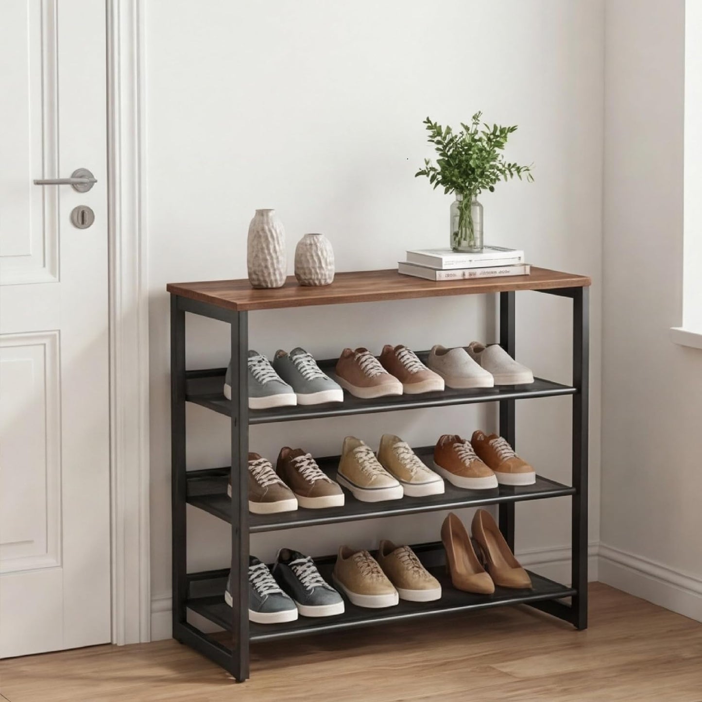 Shoe Rack for Entryway 4 Tiers 11.8" D x 25" W x 28" H, Metal Shoe Rocks with Brown Wooden Tabletop, Angled Shoes Rack with Adjustable Mesh Shelves for Entryway Hallway Closet