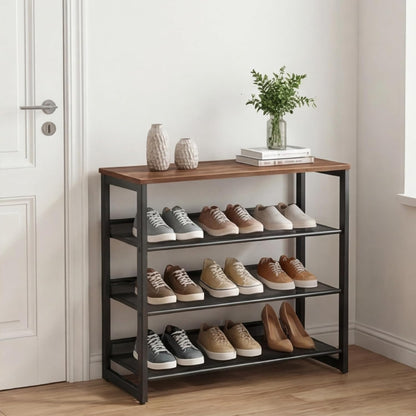 Shoe Rack for Entryway 4 Tiers 11.8" D x 25" W x 28" H, Metal Shoe Rocks with Brown Wooden Tabletop, Angled Shoes Rack with Adjustable Mesh Shelves for Entryway Hallway Closet