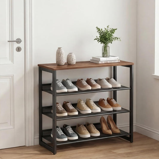 Shoe Rack for Entryway 4 Tiers 11.8" D x 25" W x 28" H, Metal Shoe Rocks with Brown Wooden Tabletop, Angled Shoes Rack with Adjustable Mesh Shelves for Entryway Hallway Closet