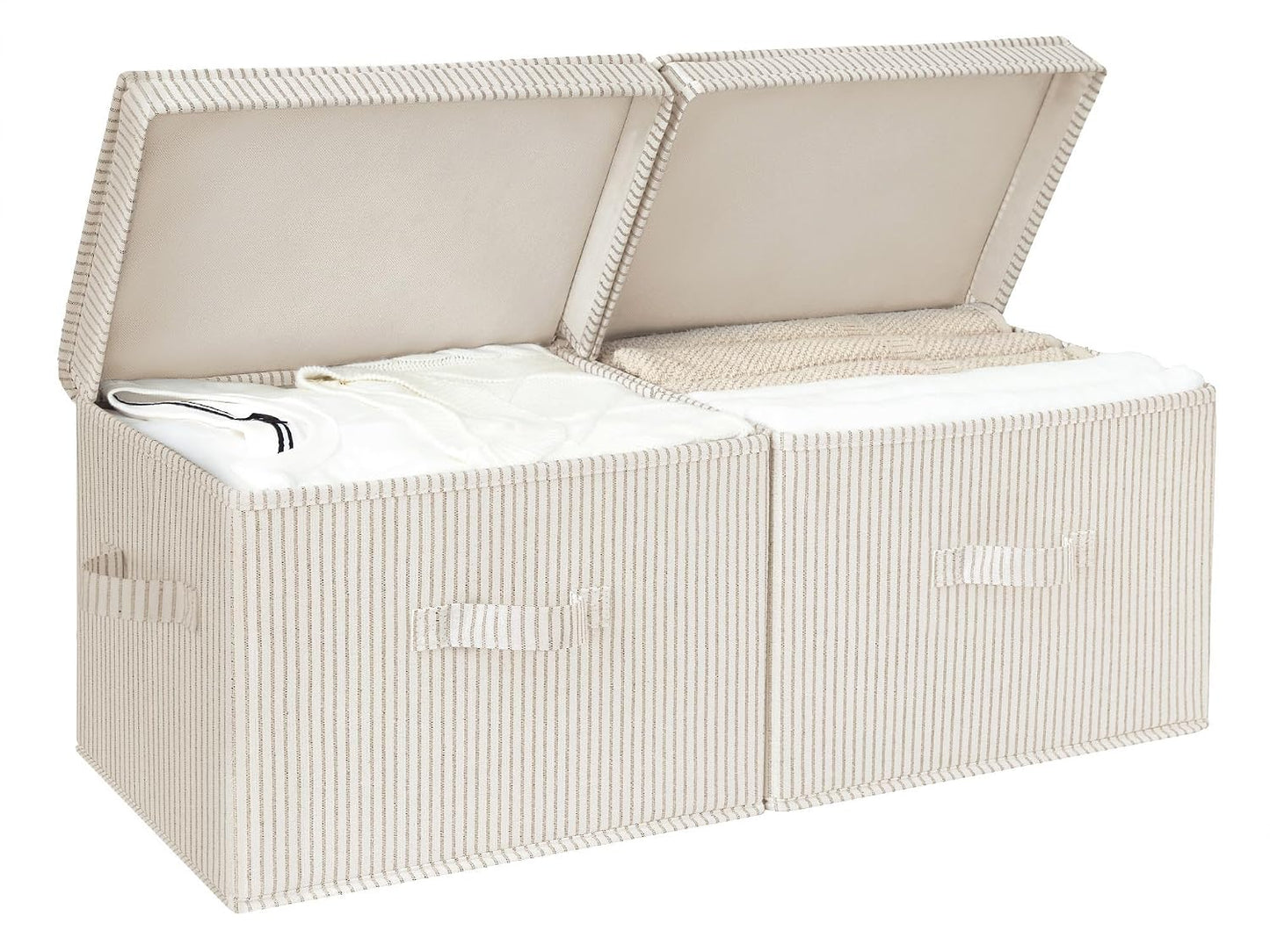 StorageWorks Fabric Storage Bins with Lid, Decorative Storage Boxes for Shelves, Stackable Closet Organizer Basket with Handles, Large, Khaki and Beige Stripes, 2-Pack